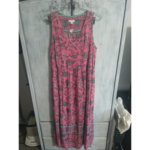 J Jill Maxi V neck Sleeveless Dress Small Pink Floral Boho Cottagecore Beachy - Picture 1 of 9
